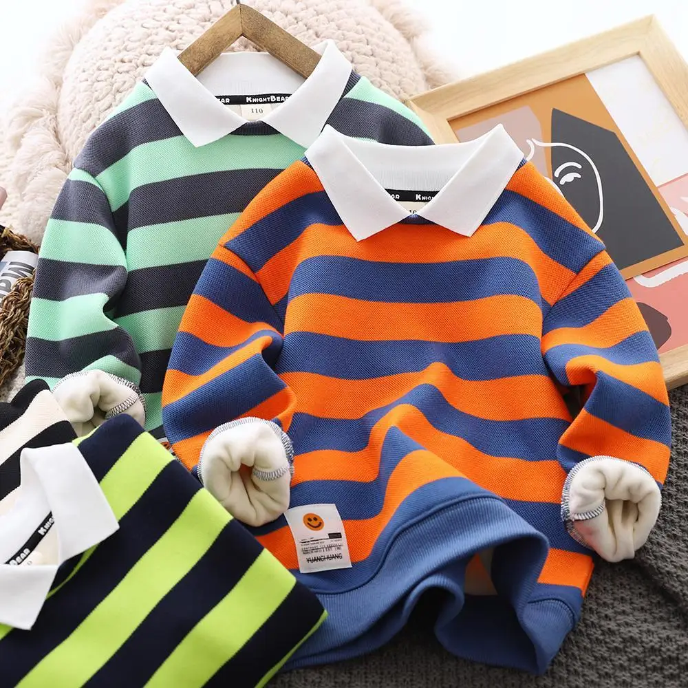 

Boys' Fleece-Lined Sweater Autumn and Winter Clothing New Western Style Striped Polo Shirt Thickened Thermal Bottoming Shirt