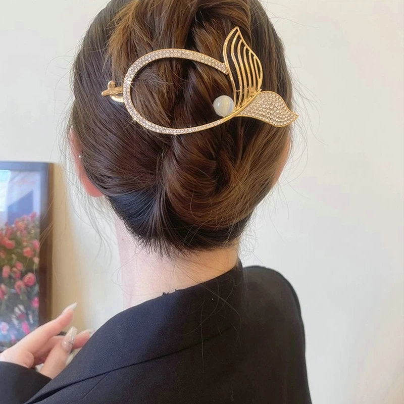 

Golden Crystal Flower Frog Pearl Fishtail Buckle Female Hairpin Rhinestones Side Korean Temperament Headdress Girls Accessories