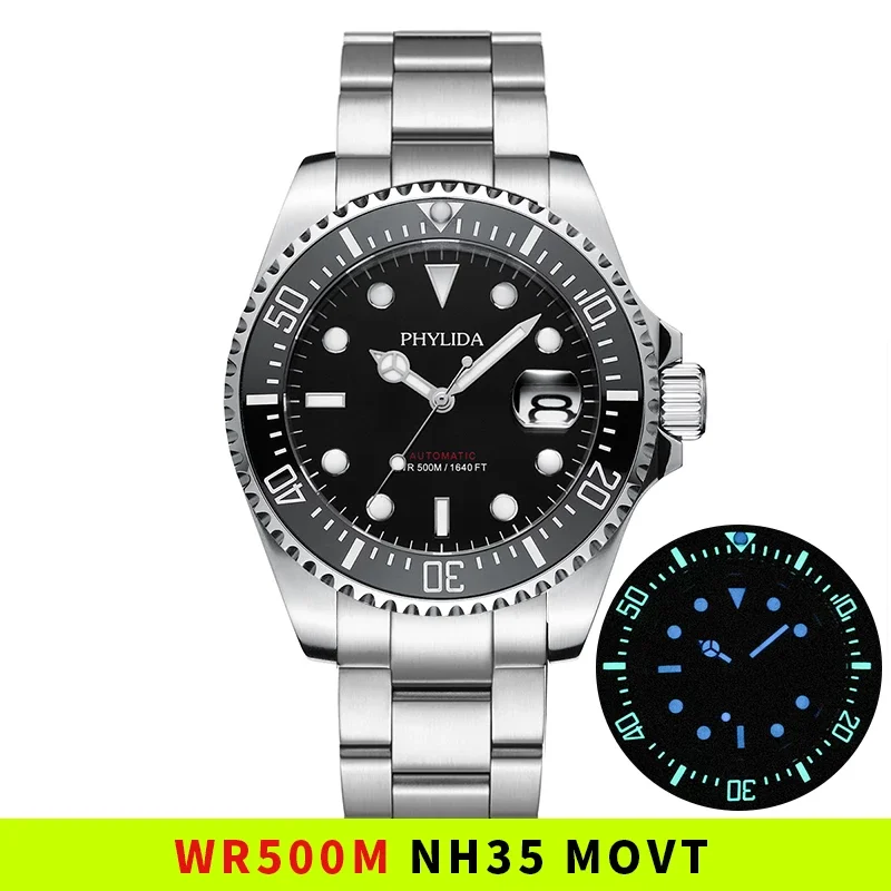 

HOT PHYLIDA 500M Water Resistant 43.5mm Men's Sport Diver Watch NH35 Automatic Sapphire Stainless Steel 50Bar Wristwatch