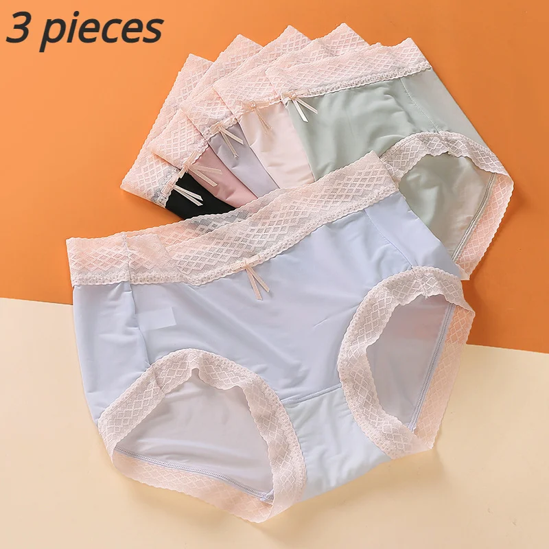 3Pcs/Lot Lace Women's Panties Ice Silk Seamless Underwear Cotton Crotch Elastic Briefs Breathable Mid-Rise Soft Panties