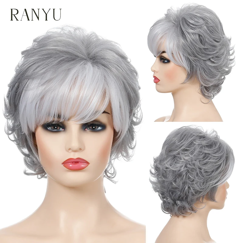 

RANYU Synthetic Short Wig with Bangs Natural Soft Tousled Curly Women's Wig for Daily Party Cosplay