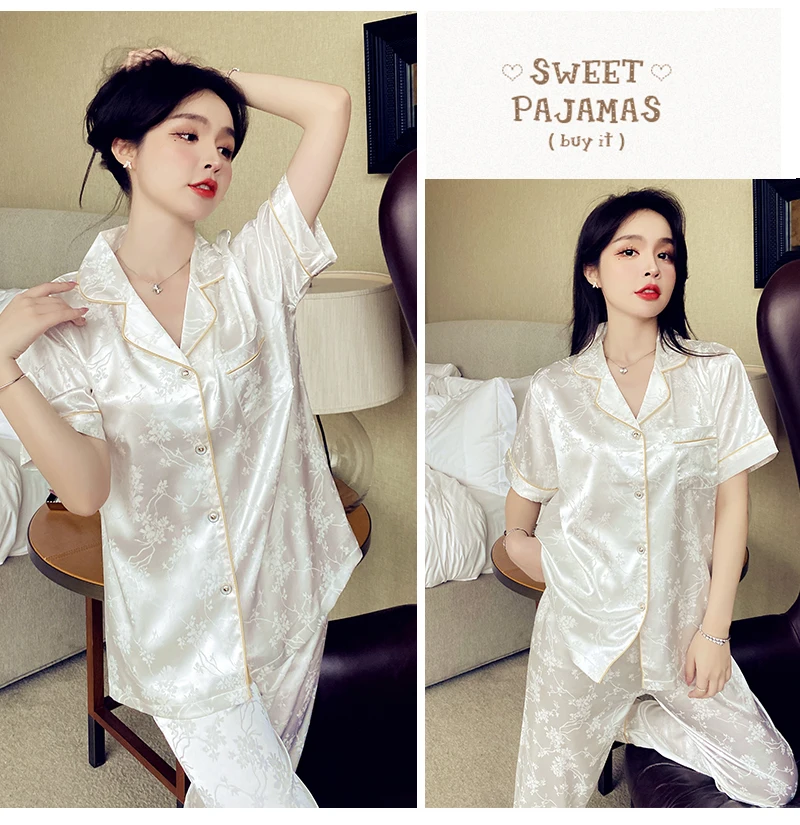 2023  paragraphs female xia ShangBing silk big yards thin loose trousers with short sleeves leisure wear pajamas in the summer