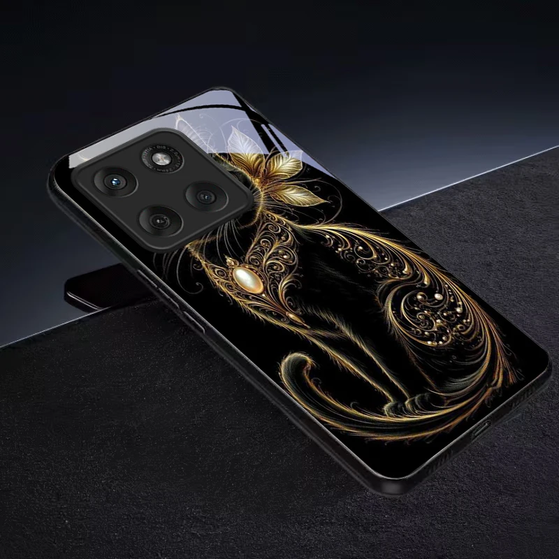 Фото Чехол для телефона Mystic Golden Pearl Cat из черного стекла для Motorola Moto Edge 60 70 20 Lite 30 Pro 40 50 Ultra X30 Pro G14 G75 G84 №3