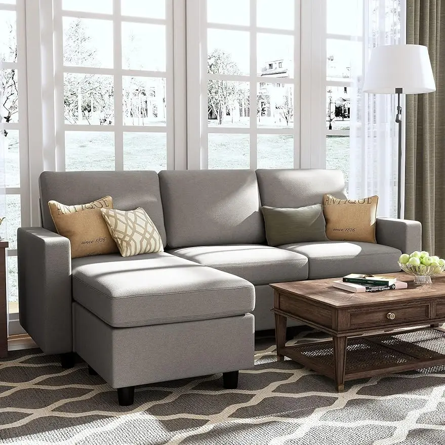 

Секционный диван-трансформер HONBAY, L-образный диван из льняной ткани, двусторонний диван для небольшого пространства, цвет светильник серый