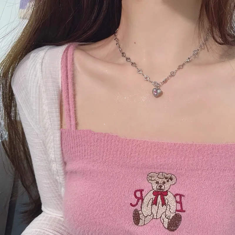 2022 Punk Pink Love Heart Pendant Necklace for Women Girls Goth Vintage Fashion Charm Choker Titanium Steel Y2K Jewelry |