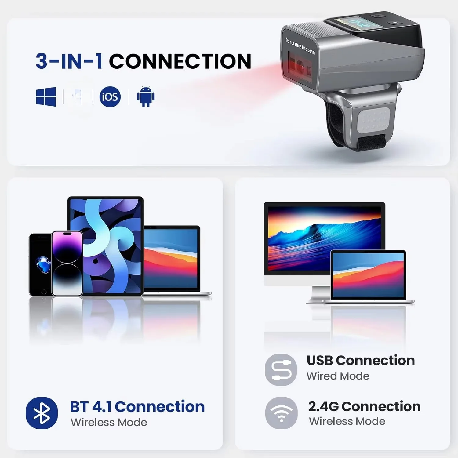 Беспроводной 2D Bluetooth-сканер штрих-кодов Eyoyo с экраном, миниатюрный носимый сканер-кольцо для считывания инвентаризации, совместимый с iPad (art.: 3920dbc67c283) - 3920dbc67c283