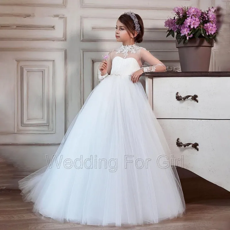 

Elegant Illusion Lace Applique Princess A Line Wedding Gowns Party Kid Birthday Dress First Communion Gown Flower Girl Dresses