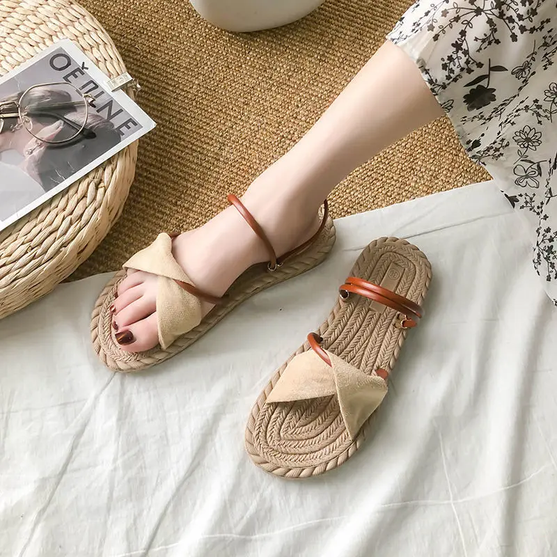 

Summer Crossed Flax Slippers Women Home Linen Slipper Flat Beach Sandals Comfortable Indoor Casual Straw Slippers