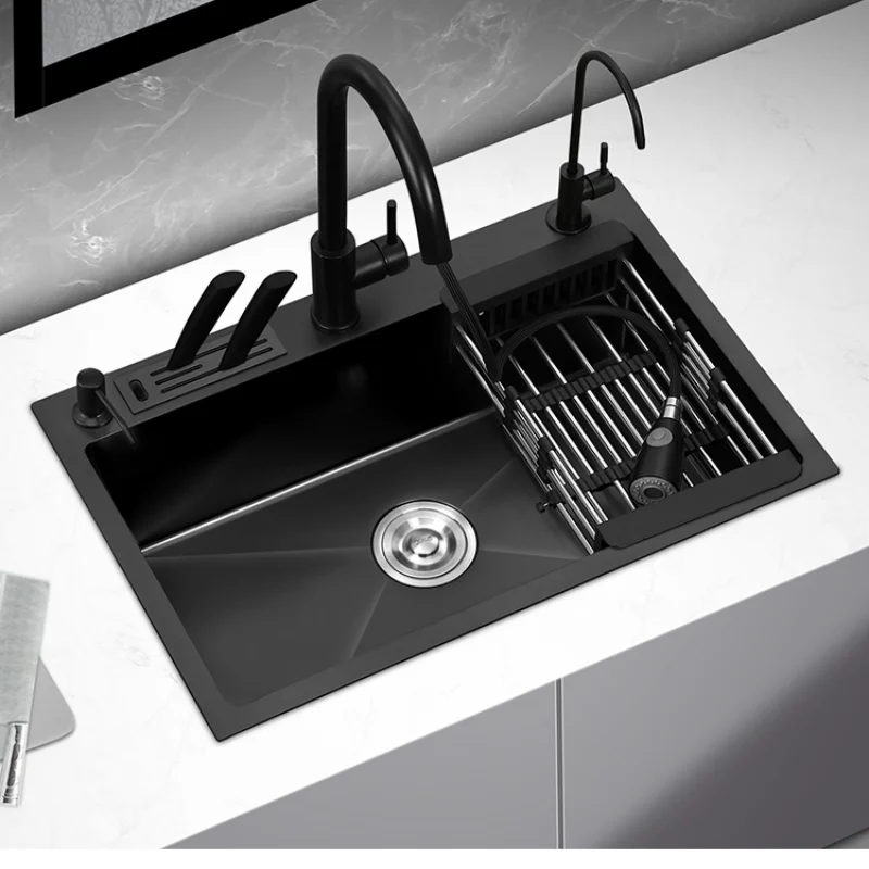 kitchen sink Black nano-sink single-slot household hand-washing basin kitchen large 304 stainless steel sink sink bowl