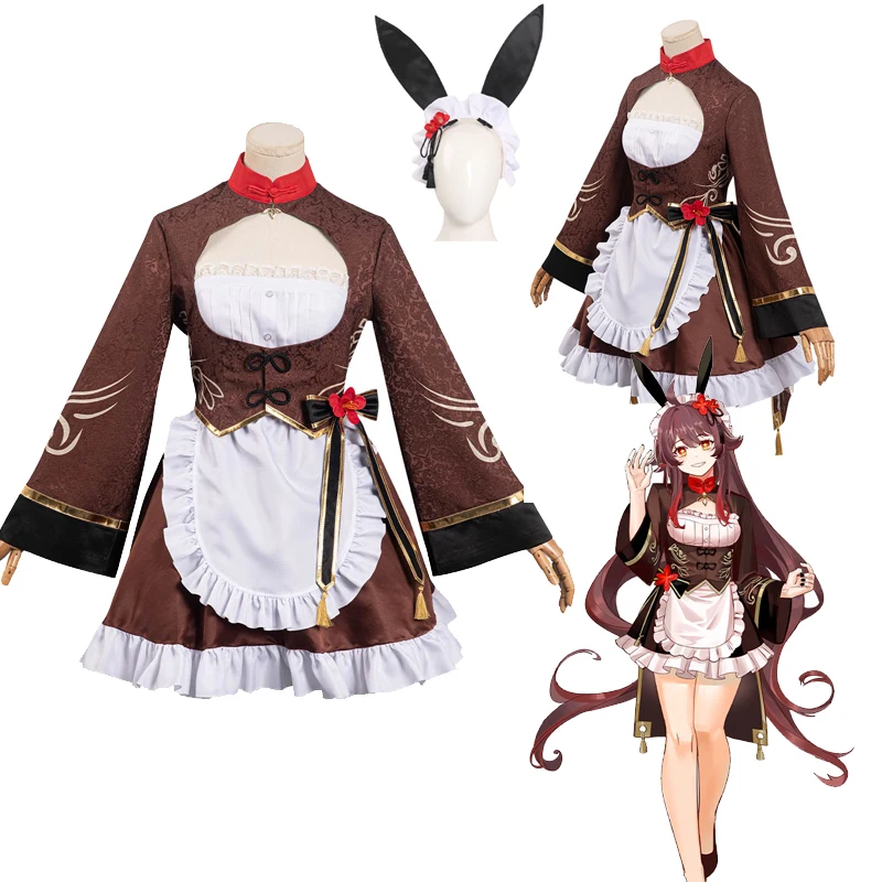 

Game Genshin Impact Hu Tao Cosplay Costume Maid Lolita Dress Outfits Women Sweet Skirts Headwear Set Halloween Carnival Suit