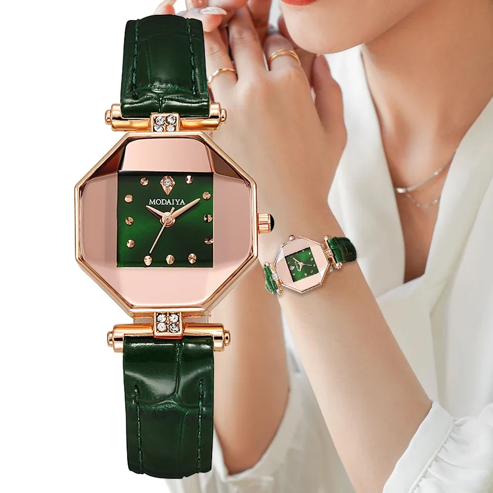 

Fashion Simple Brand with Diamonds Square Design Women's Quartz Watch High Quality Bamboo Pattern Leather Strap Ladies Watches