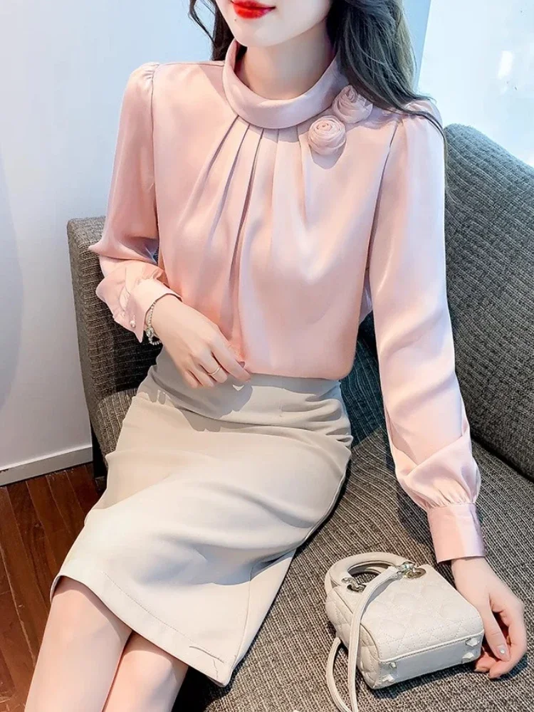 Элегантная атласная шифоновая рубашка осенняя Новинка 3D розовый топ с