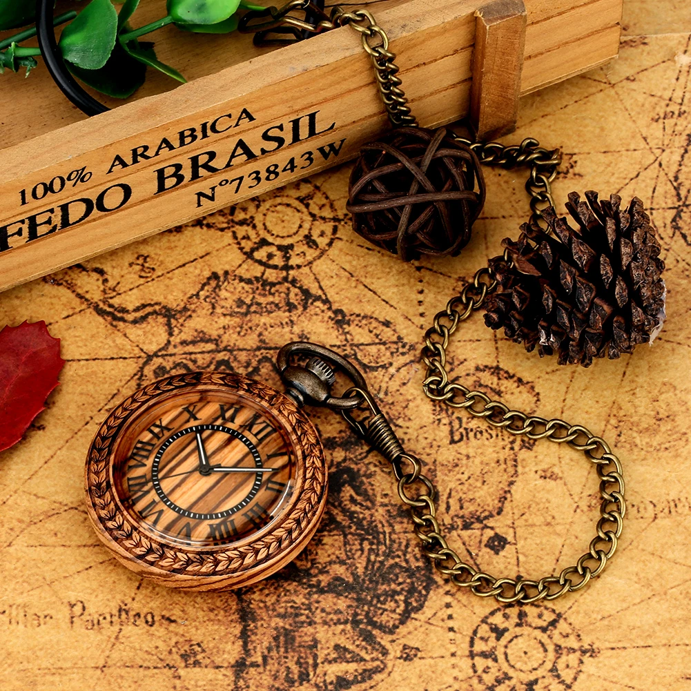 Wood Pocket Watch Vintage Zebra Wooden Gifts for Men Women Quartz Fob Watch with Chain Roman Numeral Dial Relógio De Bolso