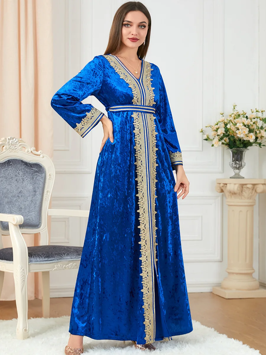 Women Spring and Summer Muslim Slit Embroidery Gold Velvet Dress Turkish Indian Abaya Arab Islamic Women Moroccan Kraftan Gown