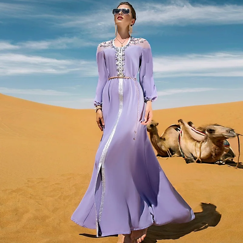 

Elegant Purple Fairy Rhinestone Beaded Maxi Dress Dubai Outing Party Clothes Front Split Moroccan Caftan Long Sleeve Eid Outfits