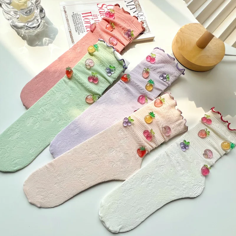 

Kawaii Women Calf Socks Candy-colored Fishnet Ultra-thin Fruit Decor Lace Sock Cute Breathable Summer Fashion JK Girls Sock