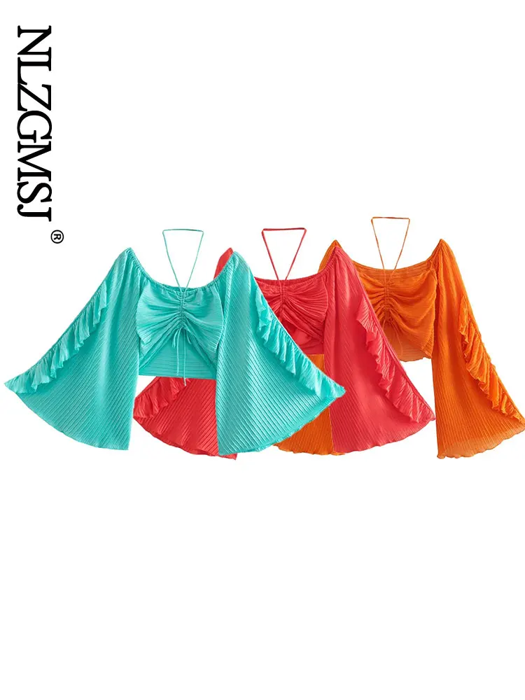 

Nlzgmsj 2022 Orange Pleated Halter Crop Top Chic Women Long Sleeve Skinny Backless Blouse Summer Fashion Streetwear 202205