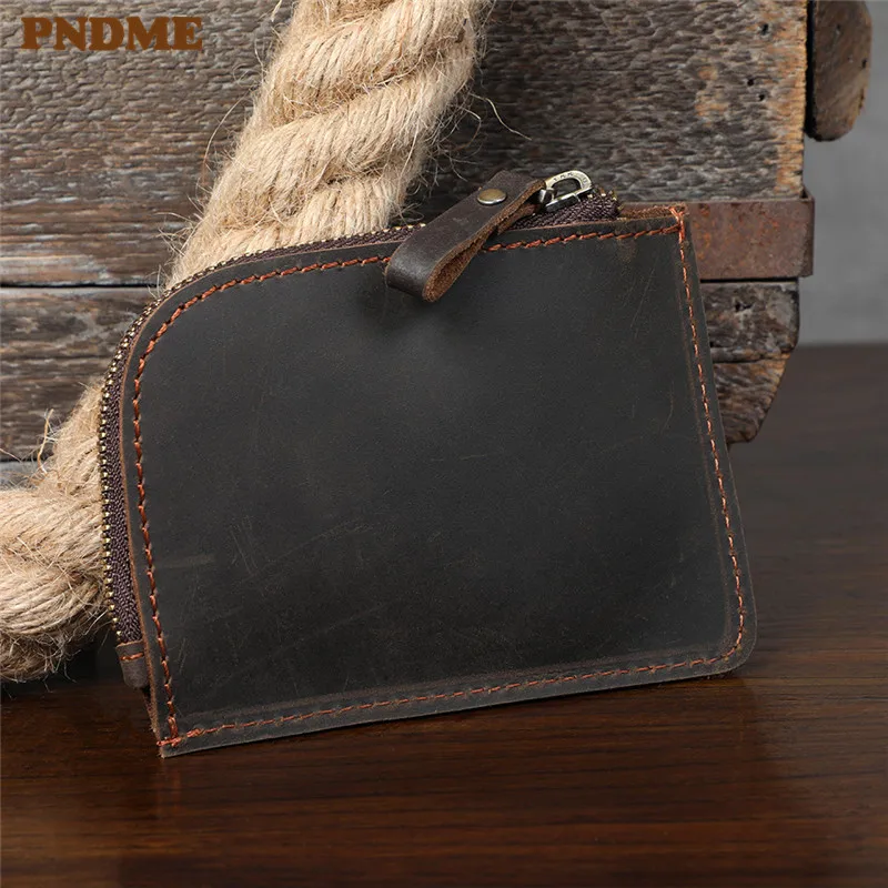 Vintage fashion crazy horse cowhide men's coffee coin purse small card holder simple casual ladies genuine leather key case