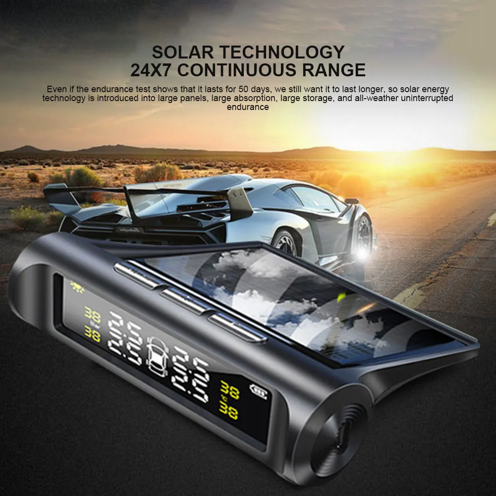 

Car Tire Pressure Monitoring System with 4 Internal External Sensors Solar TPMS LCD Display Tyre Pressure Temperature Warning