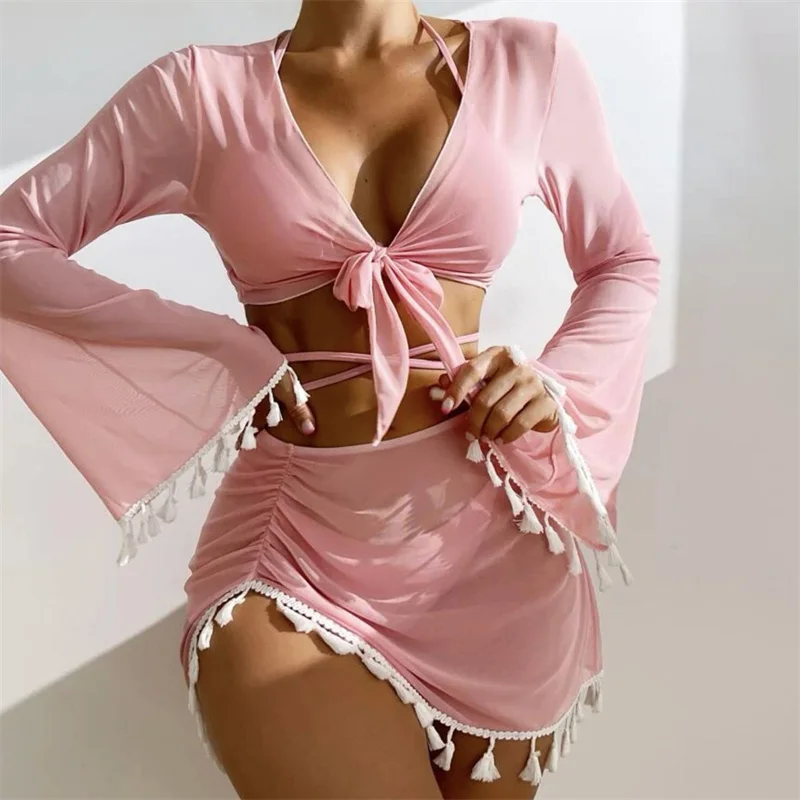 

Соблазнительные бикини с лямкой на шее из 4 предметов, Женский однотонный купальник, женский купальник с длинным рукавом и юбкой, купальный костюм, пляжная одежда на лето