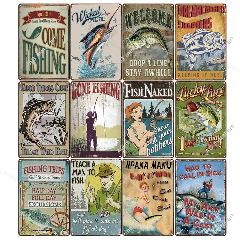 

Gone Fishing Vintage Metal Tin Signs Animal Fish Art Poster Man Cave Garage Farm Decor Retro Sign Wall Decor for Bar Home Plaque