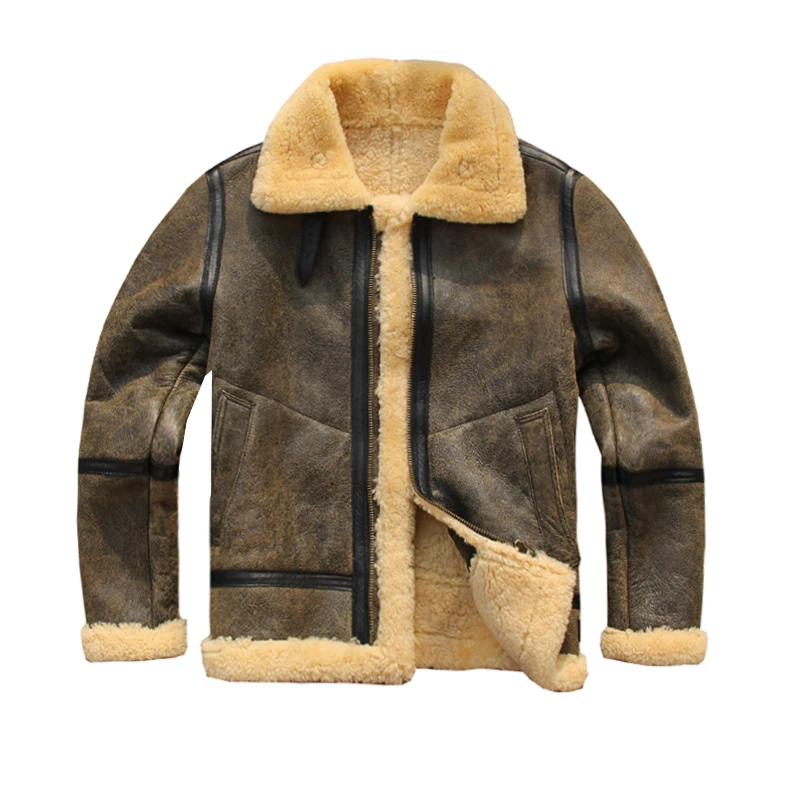 2024 теплая мужская кожаная куртка винтажная овечья шерсть классическое зимнее