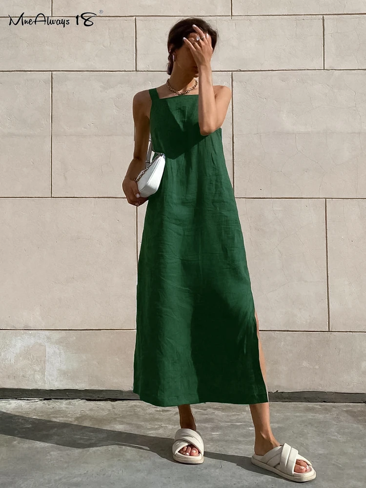 

Mnealways18 Green Tank Dresses Summer Cotton Linen Sleeveless Straight Split Dress 2023 All-Match Midi Dress Vacation Style Lady