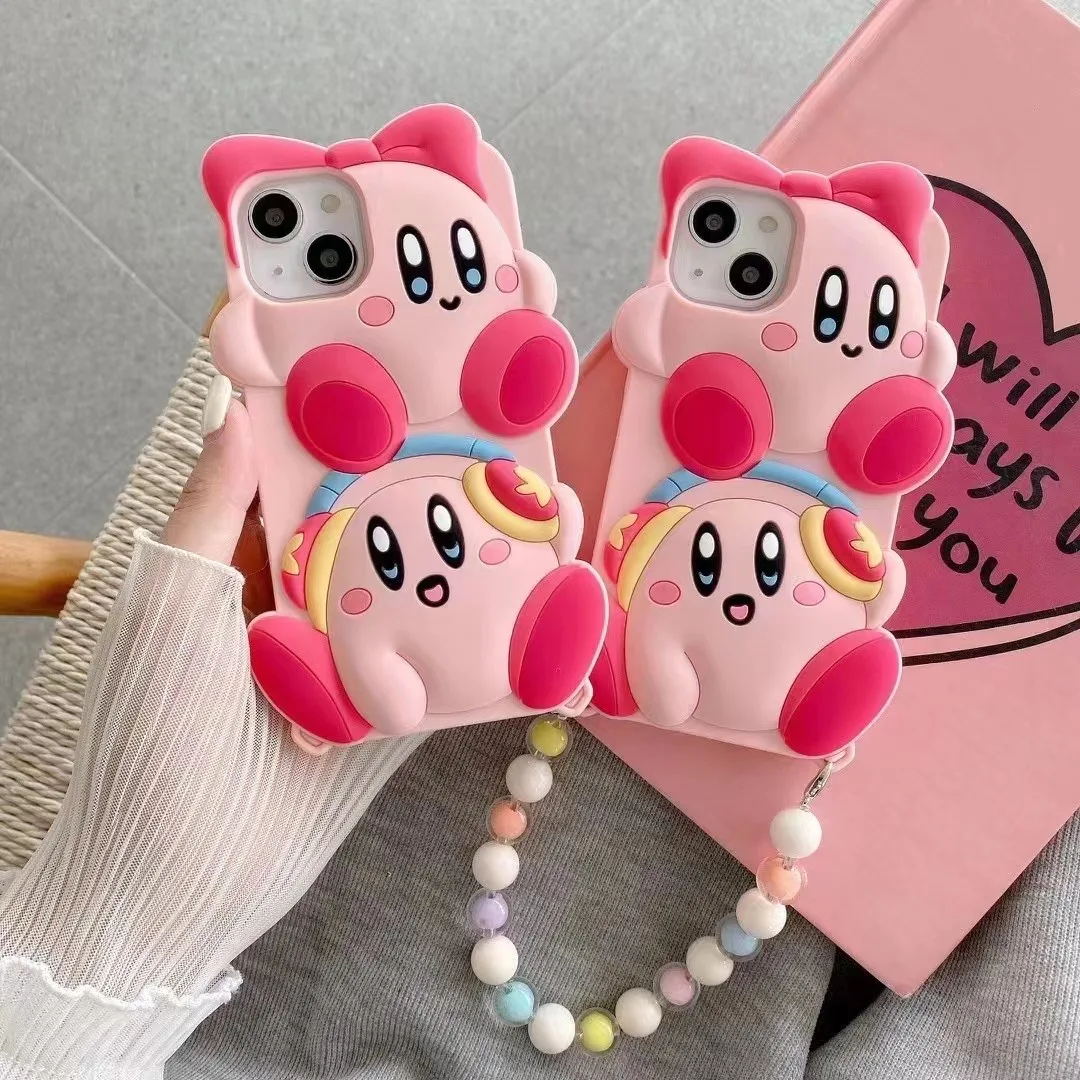 

3D Cartoon Kawaii Kirbys With Bracelet Pink Phone Cases For iPhone 14 13 12 11 Pro Max XR XS MAX 8 X 7 Silicone Soft Shell Cover