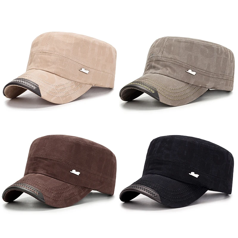 

Casual Washed Cotton Flat Top Hat Summer Spring Adjustable Fisher Military Caps Men Cadet Army Hats Bone Man Cap Sunshade Caps