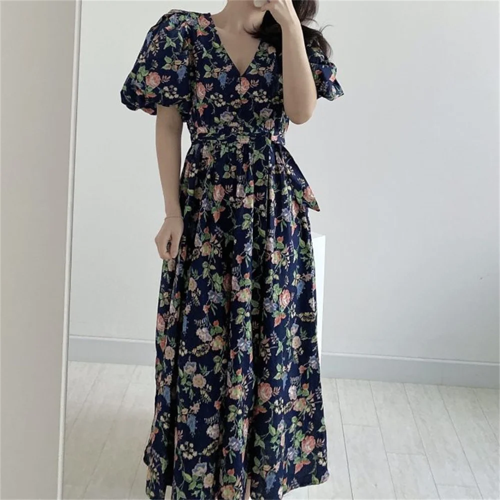 

HziriP Blue Florals V-Neck Sweet Maxi Dress Puff Sleeve Summer Chic 2022 Sexy Slim High Waist Vintage Printed Daily Holiday OL