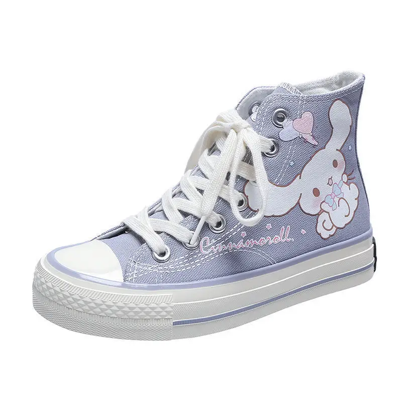 Фото Kawaii Sanrio Cinnamoroll Новинка 2022 аниме мультфильм милые новые высокие холщовые туфли школьная обувь игрушки для девочек подарок №5