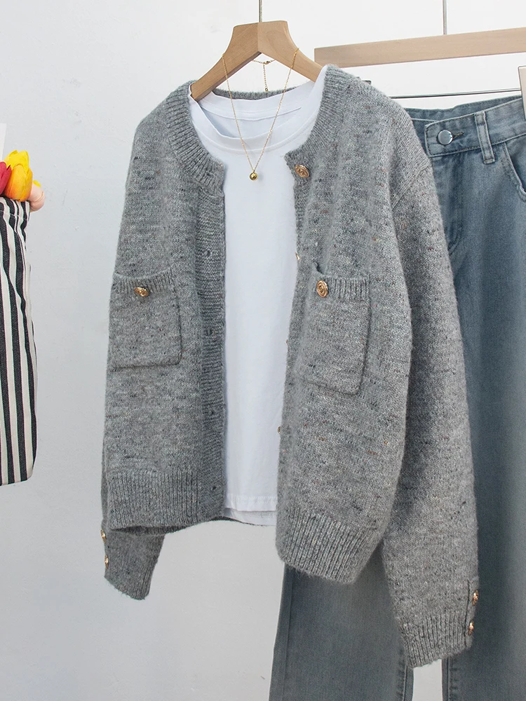 Серый изящный укороченный свитер верхняя одежда женская осенне-зимняя корейская