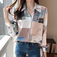 vintage fashion lapel button casual printed shirt 2022 autumn new commute tops loose korean women clothing all match blouses