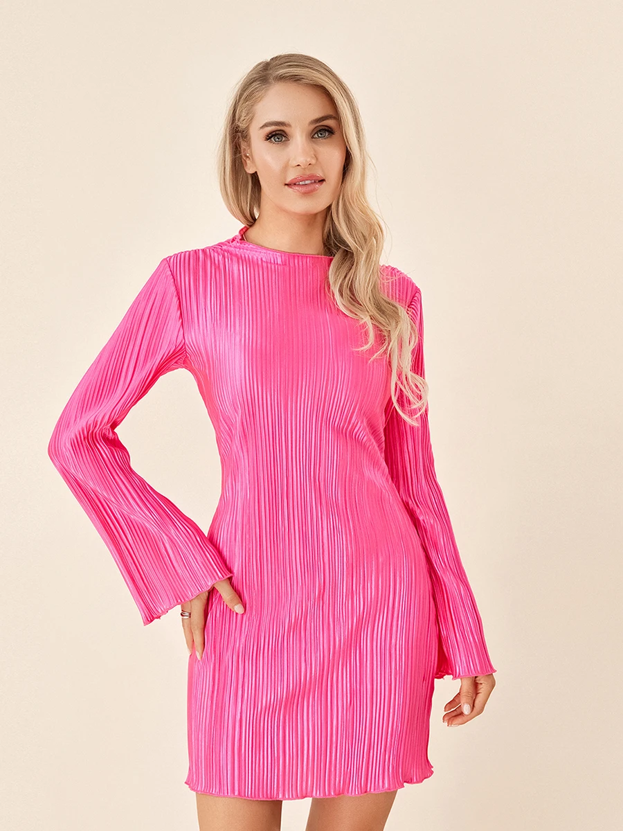 

Women's Bodycon Mini Dress Long Flare Sleeve Crew Neck Solid Color Pleated Dress Going Out Dress