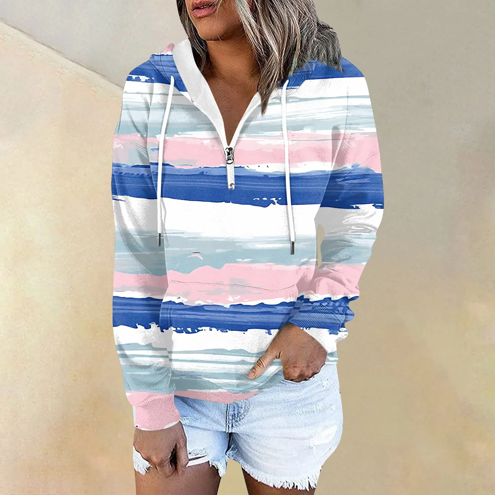 

Stripe Print Tops Autumn Winter New Elegant Fashion V-neck Zip Blouse Shirts Women Casual Long Sleeve Pullover Streetwear