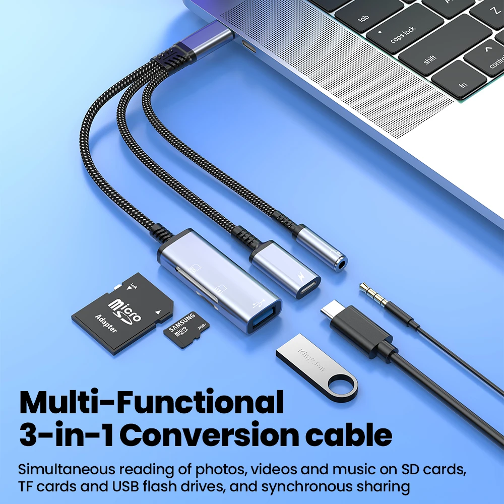 Фото Многофункциональный адаптер Type-C 5-в-1: зарядка Type-C/USB-C, 3,5 мм, кардридер SD/TF, USB 2.0. Высокоскоростной кабель-адаптер для iPhone 15, 16, Samsung. №3