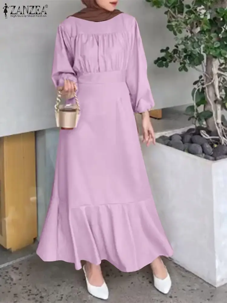 

ZANZEA Full Sleeve Abaya Muslim Fashion Dresses For Women 2023 Elegant Lace UP Vestdios Ruffles Hem Sundress Holiday Party Robe