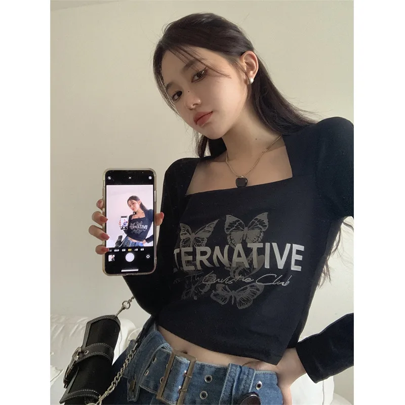 

Women Retro Square Neck Tops Fairy Grunge Graphic Spring T Shirts Vintage Indie Aesthetic Clothes Cyber Y2K Slim Long Sleeve Top
