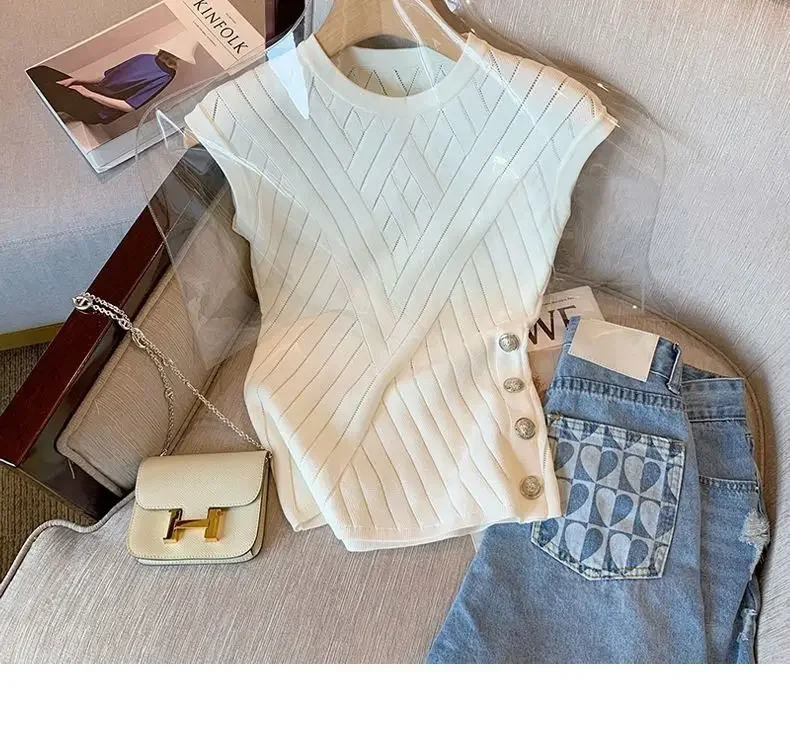 Элегантная женская футболка без рукавов во французском стиле новинка 2024 вязаный