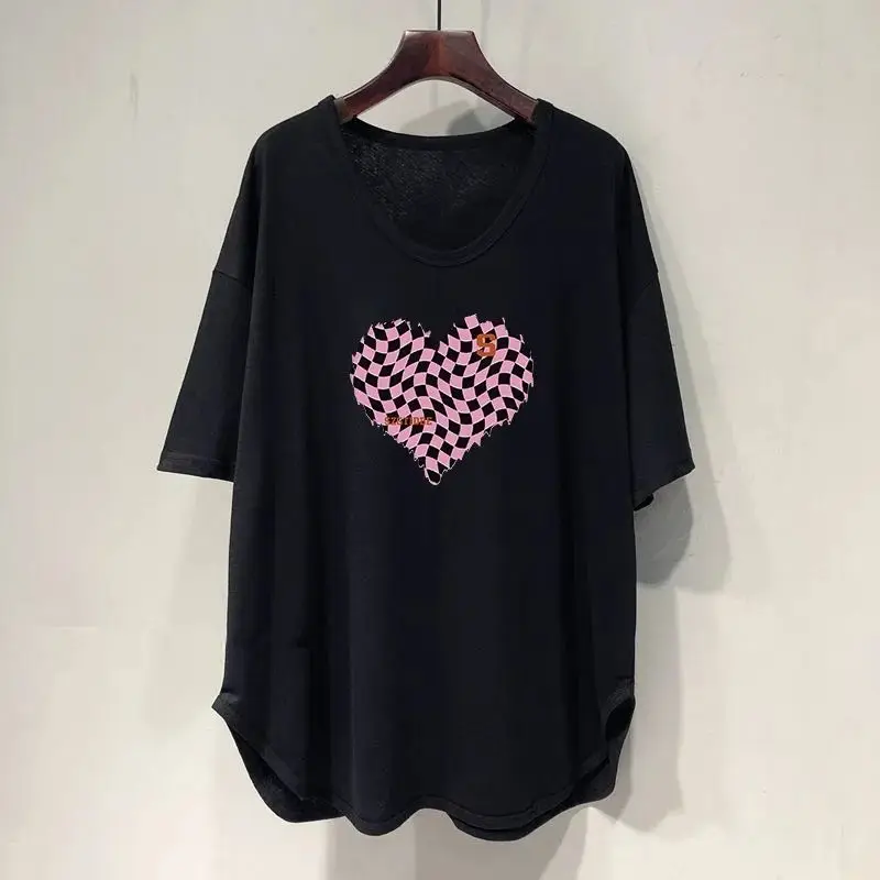 DAYIFUN U-neck Plus Size T-shirts Women Love Print Short-sleeved Loose Tees Tops Lady 2023 Summer New Casual Mid-length Tshirts