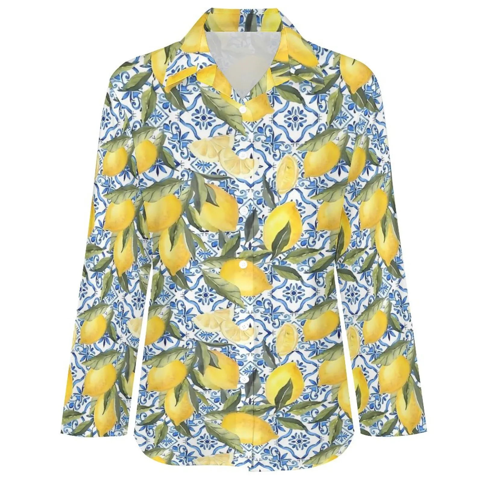Винтажная лимонная блузка женская сине-белая плитка модные свободные блузки
