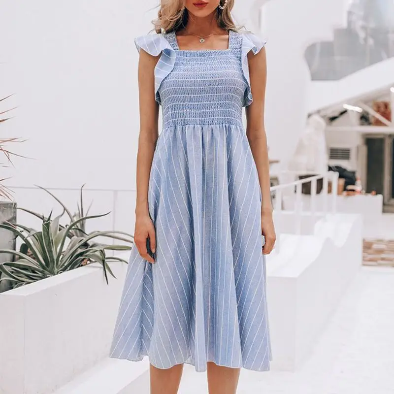 

Pastoral Vintage Womens Sleeveless Ruffles Midi Long Swing Dress Striped Elastic Shirred Empire Waist Vacation Beach P8DB