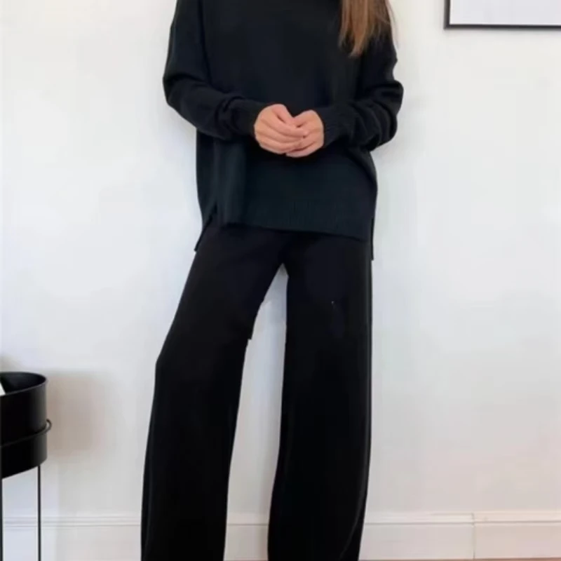Монохромный вязаный костюм для женщин высокая шея широкие брюки волосы ленивого