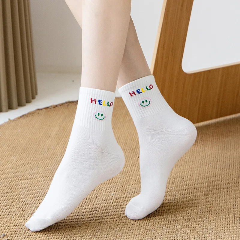 10 Pairs Socks Medium Tube Socks Spring and Summer Thin Ins Fashion Cute Japanese Cotton Breathable Smiling Face Cartoon Socks
