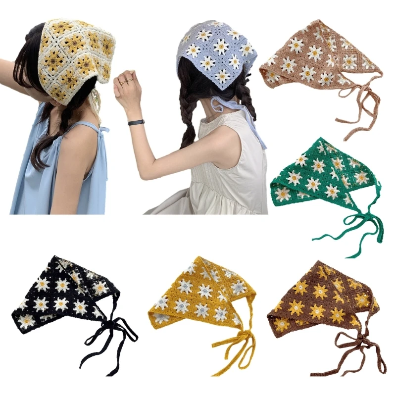 

Women Crochet Hairband Flower Pattern Turban Tie Back Kerchief for Photography
