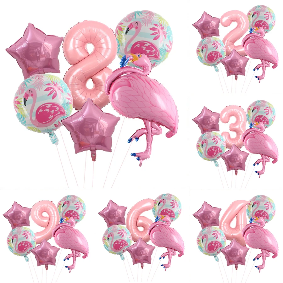 

6Pcs Summer Pink Balloons Flamingo Party Swan Foil Balloon 1-9 Number Girl Birthday Party Baby Shower Decorations
