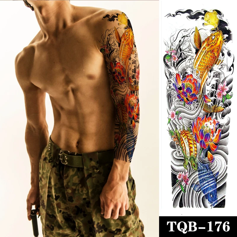 

Водостойкая Временная тату-наклейка на всю руку, дракон, карп, лотос, цветы, черепаха, тату-наклейка, тату для мужчин, имитация татуировки