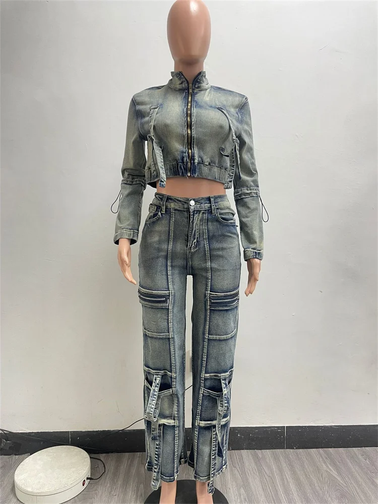 Pant Sets Long Sleeve Women Tracksuits Zipper Denim Coat Cargo Ankle Length Pants Pockets High Street Spliced Baggy 2024