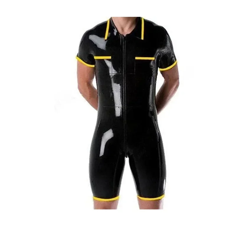 Latex Bodysuit Men Short-sleeved Sports Rubber Jumpsuits Black with Yellow Front Zipper for