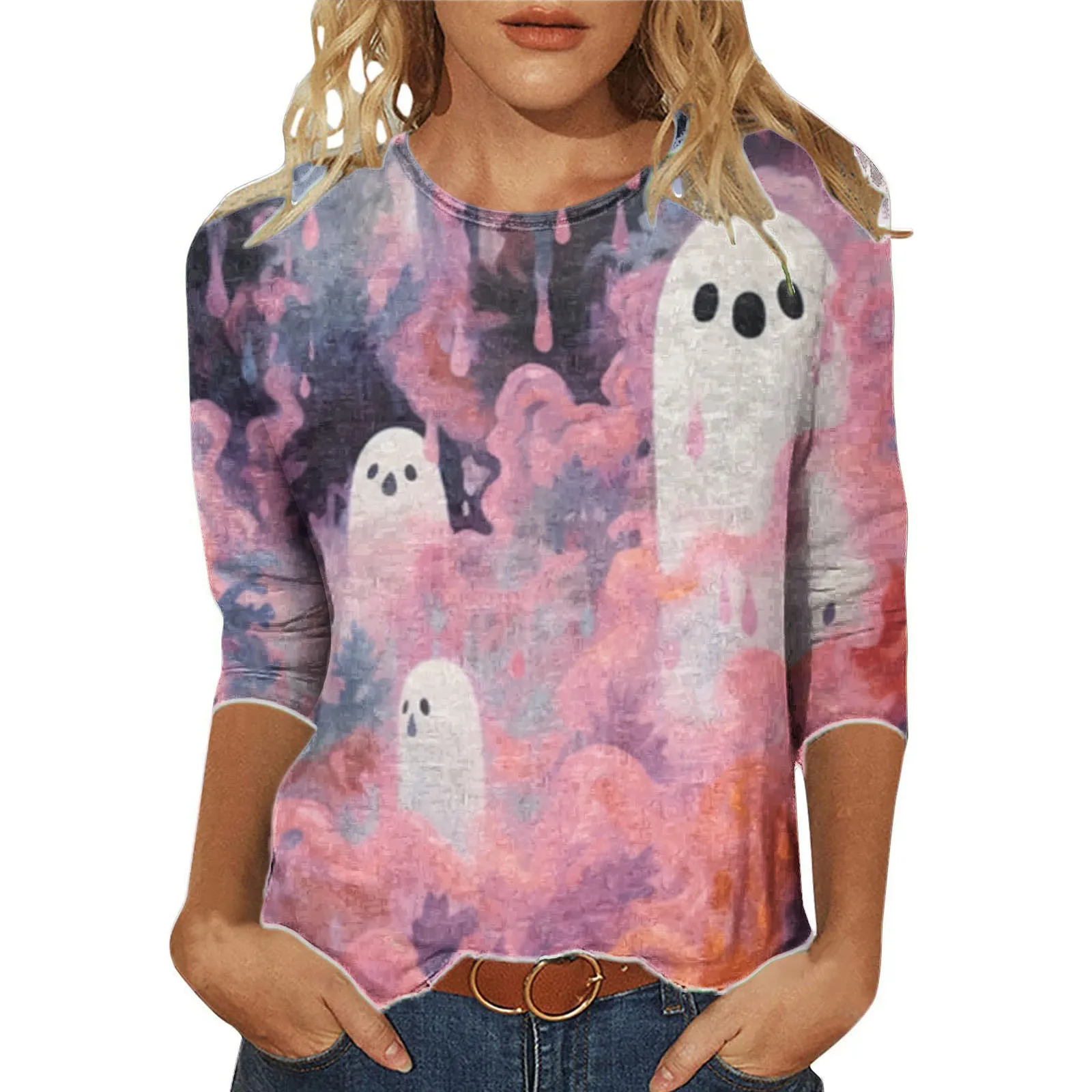 

Women's Cute Print Sweater Versatile Casual Round Neck Top With Three Quarter Sleeves Long Sleeve Cheer Shirt